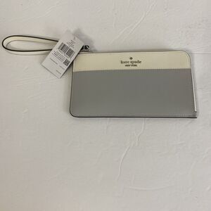 NWT Kate Spade KD545 Lucy Medium L-Zip Wristlet Saffiano Leather CreamWhite Grey